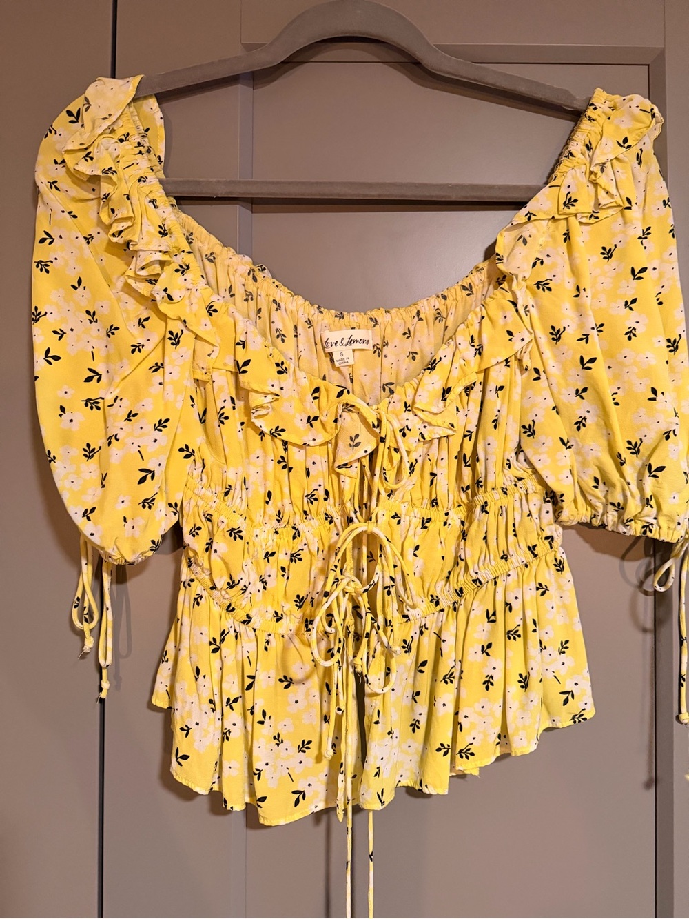 For love & lemons Yellow Floral Ruffle tie Top